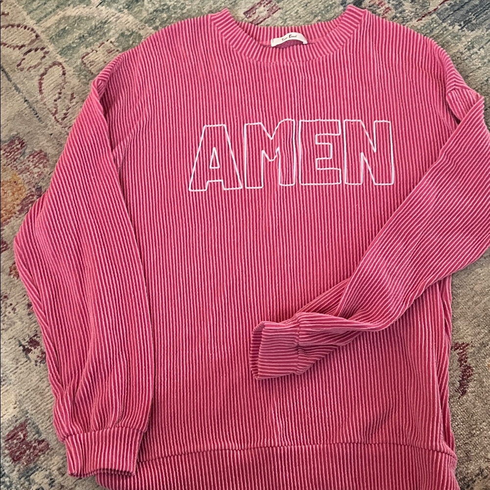 Tres Bien Pink Crewneck Sweater with 'AMEN' Embroidery